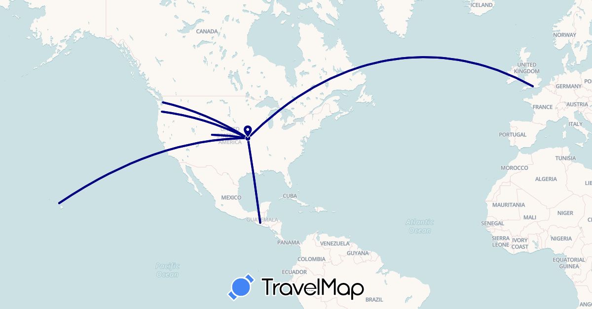 TravelMap itinerary: driving in United Kingdom, Guatemala, United States (Europe, North America)